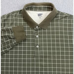 Lands End Polo Mens 3XLT Green Check 100% Cotton Long Sleeve Traditional Fit
